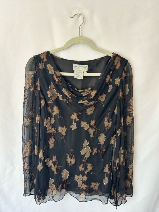 Papell Boutique Dresses & Skirts - Papell Boutique Black Sheer Long-Sleeve Floral Beaded Top